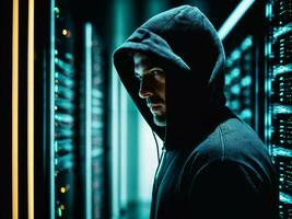 photo of man in black hoodie in server data center room with neon light, generative AI