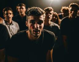 photo group of rage angry teenage college boy fighting the other with wound on face, generative AI