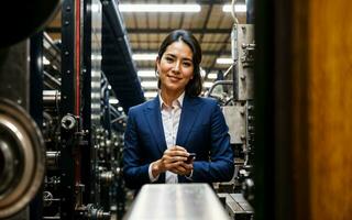 foto de trabajando empresario mujer a fábrica con máquina y obrero, generativo ai