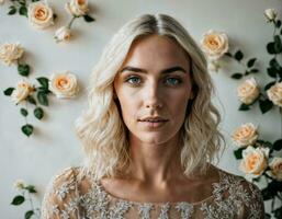 photo of beautiful woman in blonde hair color with white rose background, generative AI