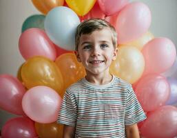 foto Sesión de fotos de niño con globos en blanco fondo, generativo ai