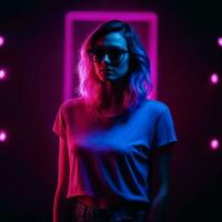 photo of beautiful woman with with mixed pink and blue neon light, generative AI