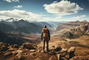 a hiker standing at the peak of a mountain with a backpack. AI Generated photo