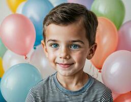 foto Sesión de fotos de niño con globos en blanco fondo, generativo ai