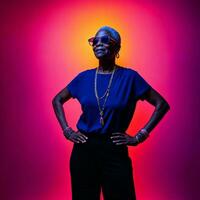 photo of middle aged old African woman with with mixed pink and blue neon light, generative AI