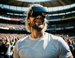 photo of handsome man with VR glasses headset at stadium sport arena, generative AI