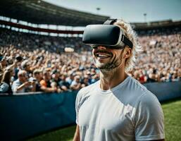 photo of handsome man with VR glasses headset at stadium sport arena, generative AI