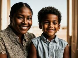 photo of happy family black mother and son, generative AI