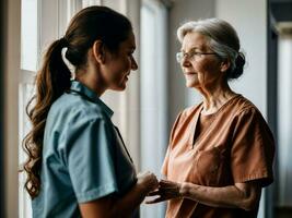 photo of woman take care senior woman at home, generative AI