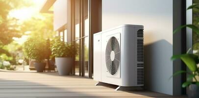 Air source heat pump installed in a residential building. AI Generated photo