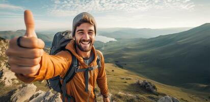 a young hiker man standing on the top of a mountain. AI Generated photo