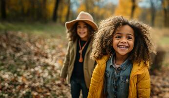 diverso niños teniendo divertido caminando y jugando juntos en un natural parque durante otoño. ai generado foto