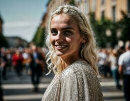 photo of beautiful woman at parade street in Europe country, generative AI