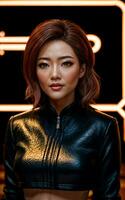 photo of asian woman in jacket outfit with colorful light in background, generative AI