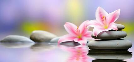 un sereno zen jardín, enfoque en un apilar de spa masaje piedras delicadamente equilibrado con rosado lirio flores adornando a ellos. ai generado foto