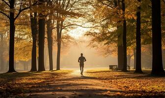 Man running in park during an autumn morning. AI Generated photo