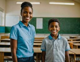 photo of happy teacher and kids at school room, generative AI