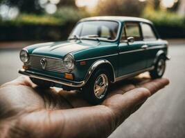 photo of close up hand holding mini car, generative AI