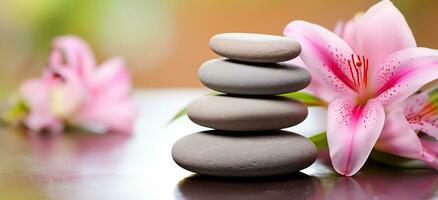 un sereno zen jardín, enfoque en un apilar de spa masaje piedras delicadamente equilibrado con rosado lirio flores adornando a ellos. ai generado foto