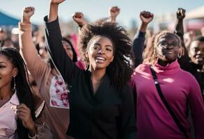 negro mujer marzo juntos en protesta. ai generado foto