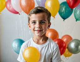 foto Sesión de fotos de niño con globos en blanco fondo, generativo ai