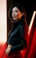 foto de asiático mujer en chaqueta atuendo con vistoso ligero en fondo, generativo ai