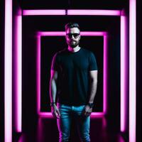 photo of handsome man with with mixed pink and blue neon light, generative AI