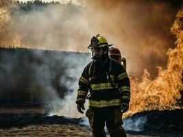 foto de bombero con grande fuego nube y fumar en fondo, generativo ai