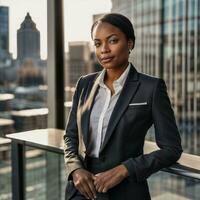 foto de inteligente africano mujer con negro negocio traje a grande moderno ciudad, generativo ai