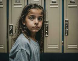 photo of scary girl kid in locker room, generative AI