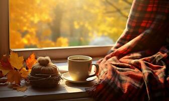 Cup of aromatic tea placed on a windowsill, accompanied by a warm plaid and scattered autumn leaves. AI Generated photo