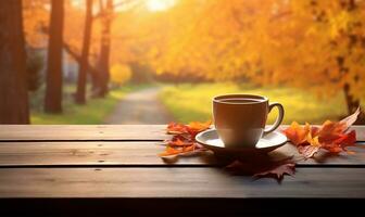 un taza de calentamiento otoño té metido en un rústico de madera mesa. ai generado foto