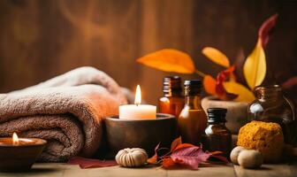 otoño spa y aromaterapia configuración, mostrando elementos me gusta aromático velas, esencial aceites infundido con otoño hierbas, y seco otoño hojas. ai generado foto