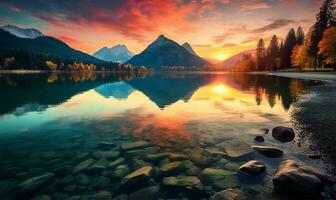 Fantastic autumn sunset of lake. AI Generated photo