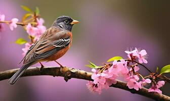 Robin pájaro en primavera temporada en un árbol rama cubierto con púrpura flores ai generado foto