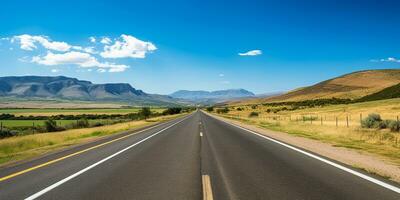 abierto la carretera ese Guías hacia majestuoso montañas. ai generado foto