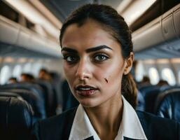 photo of rage angry air hostess crew woman arguing the other with wound on face, generative AI