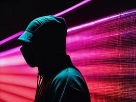 photo of man in black hoodie in server data center room with neon light, generative AI