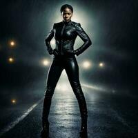 photo of strong african woman with black leather suit in heavy rain night, generative AI