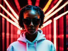 photo of black woman in black hoodie in server data center room with neon light, generative AI