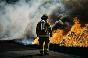 foto de bombero con grande fuego nube y fumar en fondo, generativo ai