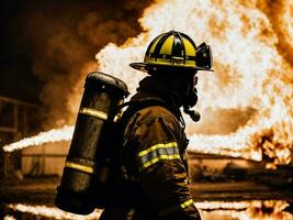 photo of firefighter with big fire cloud and smoke in background, generative AI