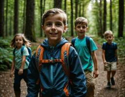 foto grupo de niños como un mochilero en el oscuro madera, generativo ai