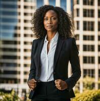 foto de inteligente africano mujer con negro negocio traje a grande moderno ciudad, generativo ai