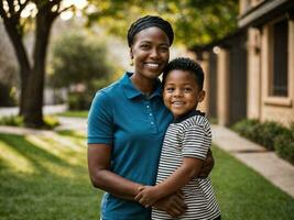 foto de contento familia negro madre y hijo, generativo ai