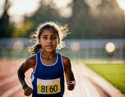 photo of girl kids running race sport at school, generative AI