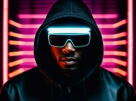 photo of black man in black hoodie in server data center room with neon light, generative AI