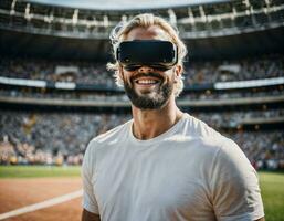 photo of handsome man with VR glasses headset at stadium sport arena, generative AI