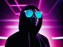 photo of black man in black hoodie in server data center room with neon light, generative AI