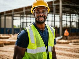 photo of african black man as a construction worker with helmet, generative AI